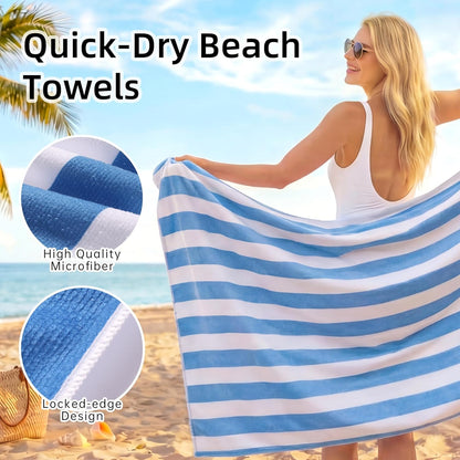 JOYMOOP Large Beach Towel with Storage Bag-3 PCS, 70” x 35.4” Highly Absorbent Cabana Stripe Beach Towel, Quick Dry Beach Towel, Sand Free & Lightweight Towel Set, Blue & White