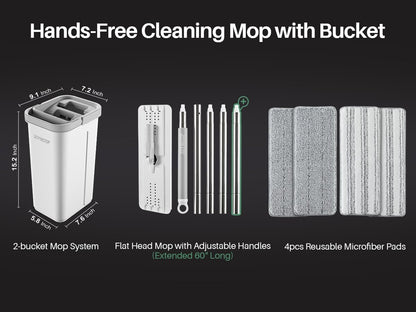 JOYMOOP Mop and Bucket with Wringer Set, Hands Free Flat Floor Mop and Bucket, 60" Mop with 4 Reusable Microfiber Pads, Wet and Dry Use, Floor Cleaning System
