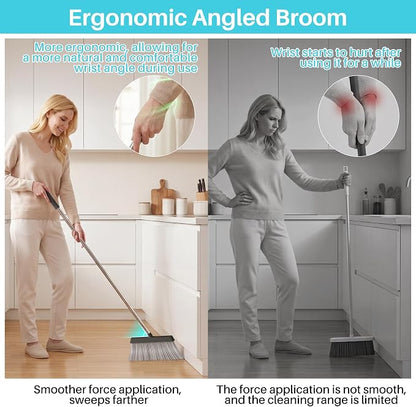 JOYMOOP Black Broom and Dustpan Set with Built-in Comb Tooth, Upright Stand Up Design, Foldable Collapsible Dustpan with Angled Broom, Space Saving Cleaning Supplies for Home Kitchen Hardwood Floor