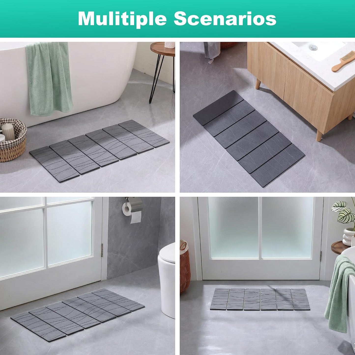 JOYMOOP Foldable Stone Bath Mat, 23.62” x 15.35” Non Slip Bath Mats, Super Absorbent Diatomaceous Earth Mats, Compact and Easy to Store Bath Mats for Bathroom, Dark Grey