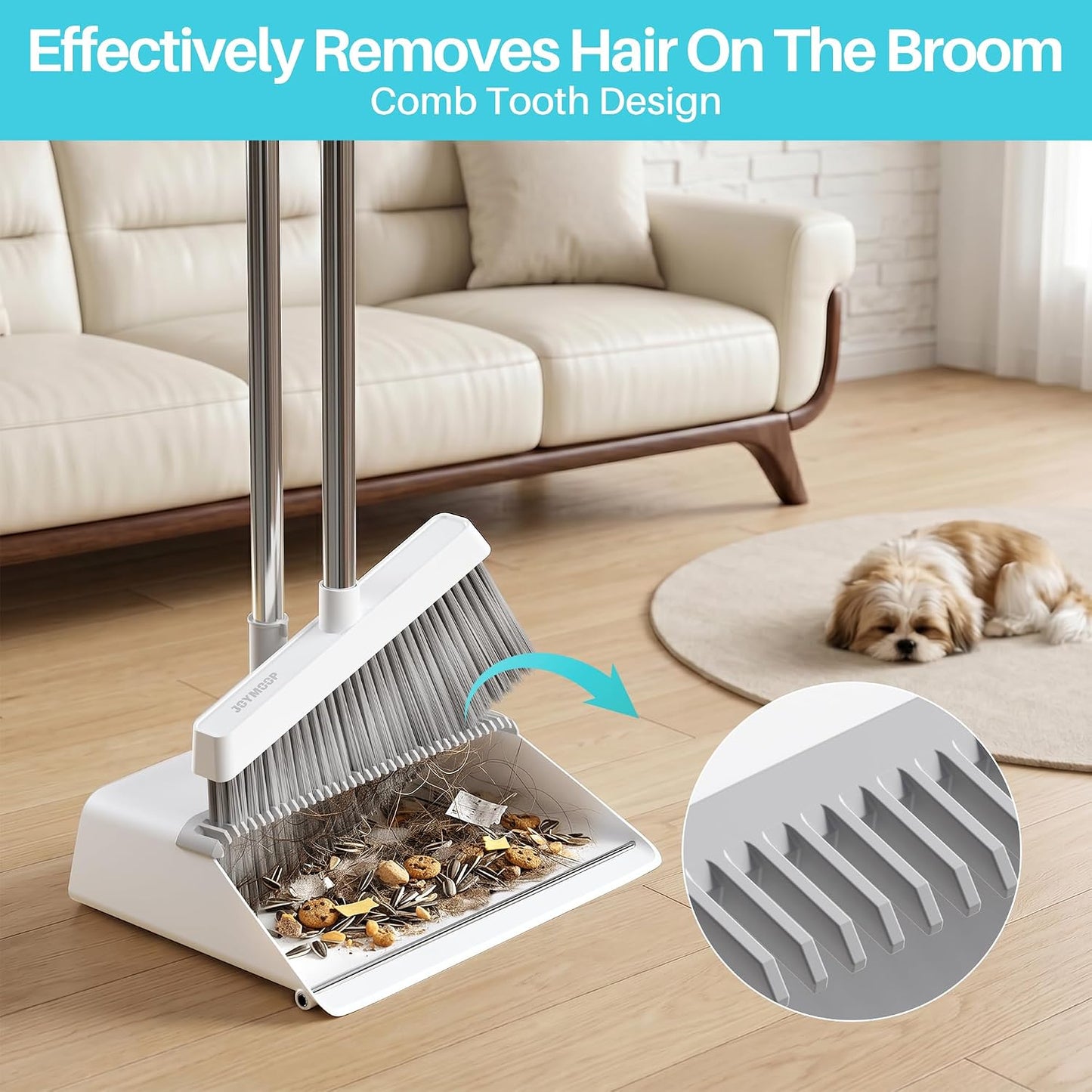 JOYMOOP White Broom and Dustpan Set with Built-in Comb Tooth, Upright Stand Up Design, Foldable Collapsible Dustpan with Angled Broom, Space Saving Cleaning Supplies for Home Kitchen Hardwood Floor