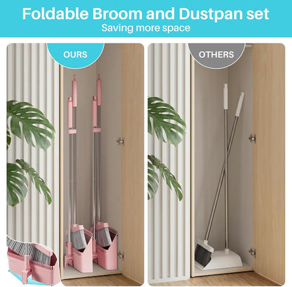 JOYMOOP Pink Broom and Dustpan Set with Built-in Comb Tooth, Upright Stand Up Design, Foldable Collapsible Dustpan with Angled Broom, Space Saving Cleaning Supplies for Home Kitchen Hardwood Floor