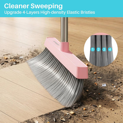 JOYMOOP Pink Broom and Dustpan Set with Built-in Comb Tooth, Upright Stand Up Design, Foldable Collapsible Dustpan with Angled Broom, Space Saving Cleaning Supplies for Home Kitchen Hardwood Floor