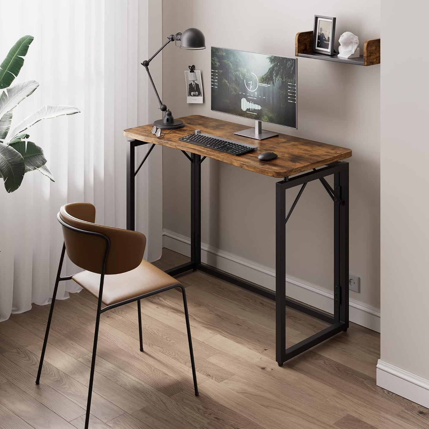 JOYMOOP Folding Desk Rustic Brown - 40", No Assembly Foldable Desk for Home, Office - Middle Size, Wooden Top Folding Computer Desk for Working, Writing, Studying