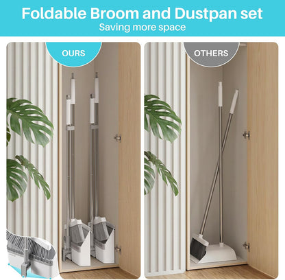 JOYMOOP White Broom and Dustpan Set with Built-in Comb Tooth, Upright Stand Up Design, Foldable Collapsible Dustpan with Angled Broom, Space Saving Cleaning Supplies for Home Kitchen Hardwood Floor