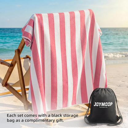 JOYMOOP 3-Pack Microfiber Beach Towel Set – 70" x 35.4" Ultra-Absorbent Beach Towels Oversized, Sand-Free & Portable, Quick-Dry Cabana Stripe Towels with Travel Storage Bags (Pink & White)