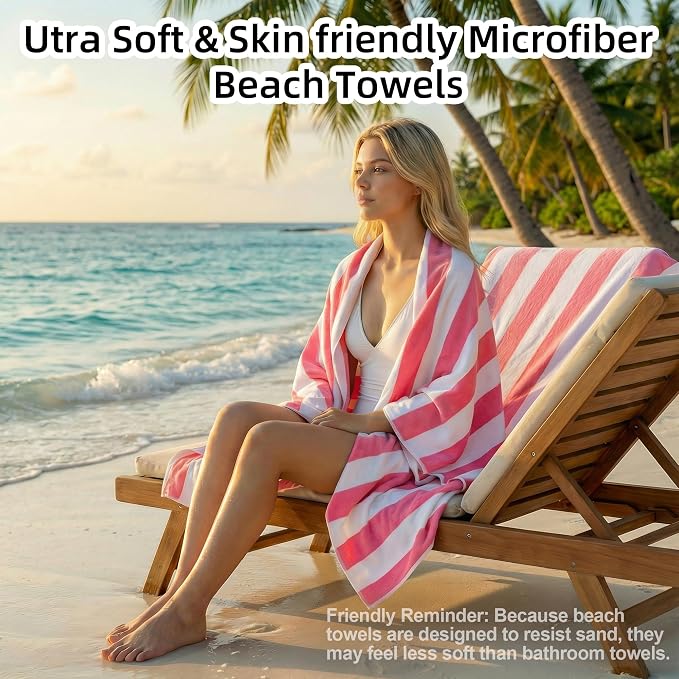 JOYMOOP 3-Pack Microfiber Beach Towel Set – 70" x 35.4" Ultra-Absorbent Beach Towels Oversized, Sand-Free & Portable, Quick-Dry Cabana Stripe Towels with Travel Storage Bags (Pink & White)