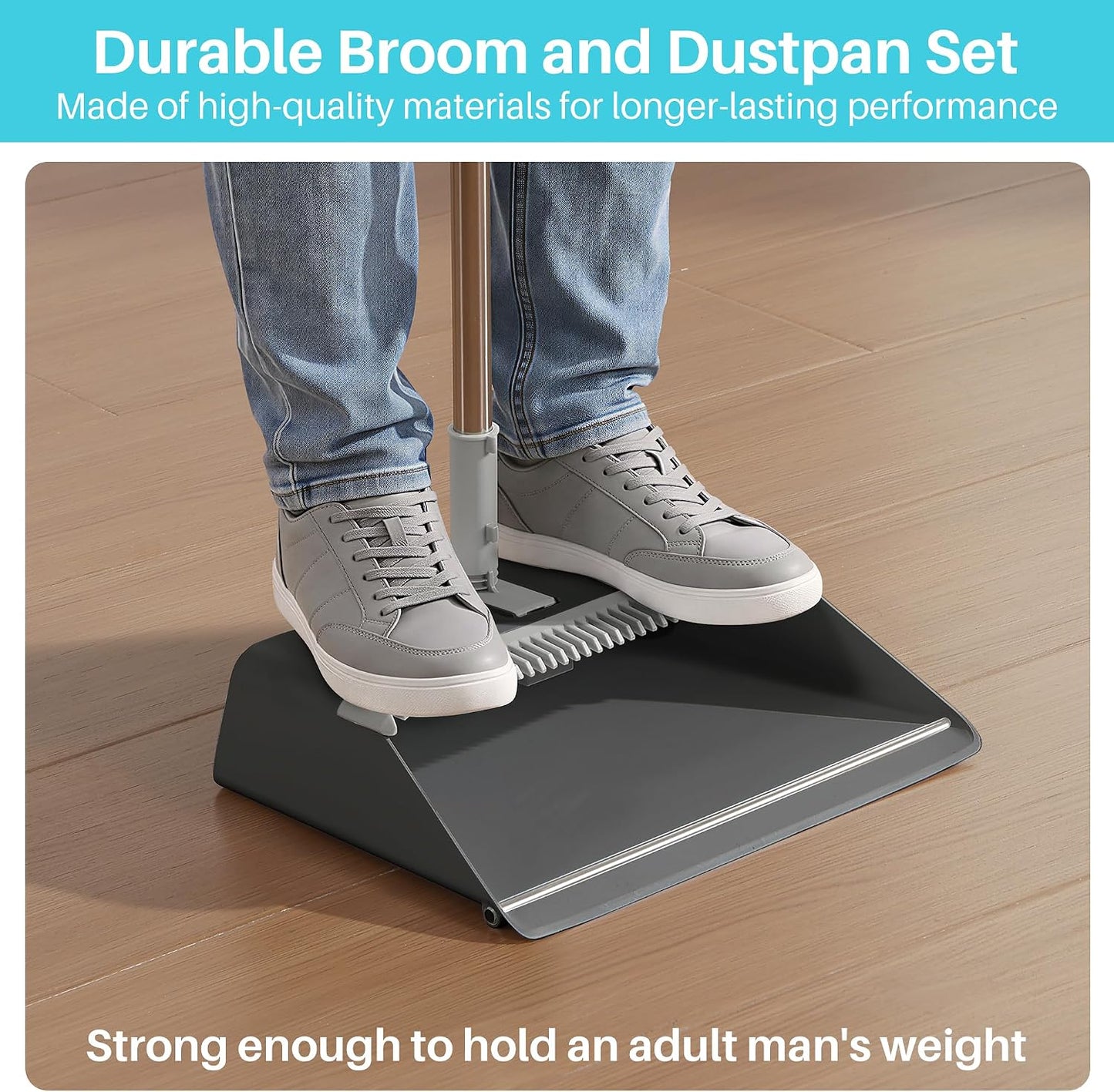 JOYMOOP Black Broom and Dustpan Set with Built-in Comb Tooth, Upright Stand Up Design, Foldable Collapsible Dustpan with Angled Broom, Space Saving Cleaning Supplies for Home Kitchen Hardwood Floor