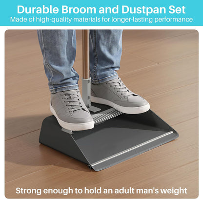 JOYMOOP Black Broom and Dustpan Set with Built-in Comb Tooth, Upright Stand Up Design, Foldable Collapsible Dustpan with Angled Broom, Space Saving Cleaning Supplies for Home Kitchen Hardwood Floor