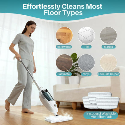 JOYMOOP Steam Mop & Handheld Steam Cleaner with 3 Microfiber Pads, 1100W Electric Steam Cleaner for Home, Fast Heat 20s, Adjustable Steam, Detachable Water Tank, 11 Accessories for Floors, Windows, Clothes