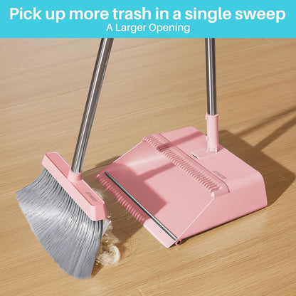 JOYMOOP Pink Broom and Dustpan Set with Built-in Comb Tooth, Upright Stand Up Design, Foldable Collapsible Dustpan with Angled Broom, Space Saving Cleaning Supplies for Home Kitchen Hardwood Floor