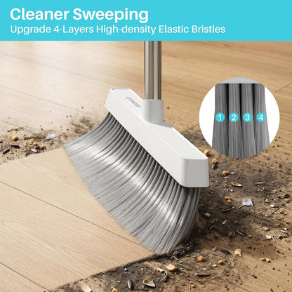 JOYMOOP White Broom and Dustpan Set with Built-in Comb Tooth, Upright Stand Up Design, Foldable Collapsible Dustpan with Angled Broom, Space Saving Cleaning Supplies for Home Kitchen Hardwood Floor
