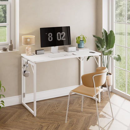 JOYMOOP White Folding Desk - 40", No Assembly Middle Size Foldable Desk for Home, Office, Wooden Top Folding Computer Desk for Working, Writing, Studying