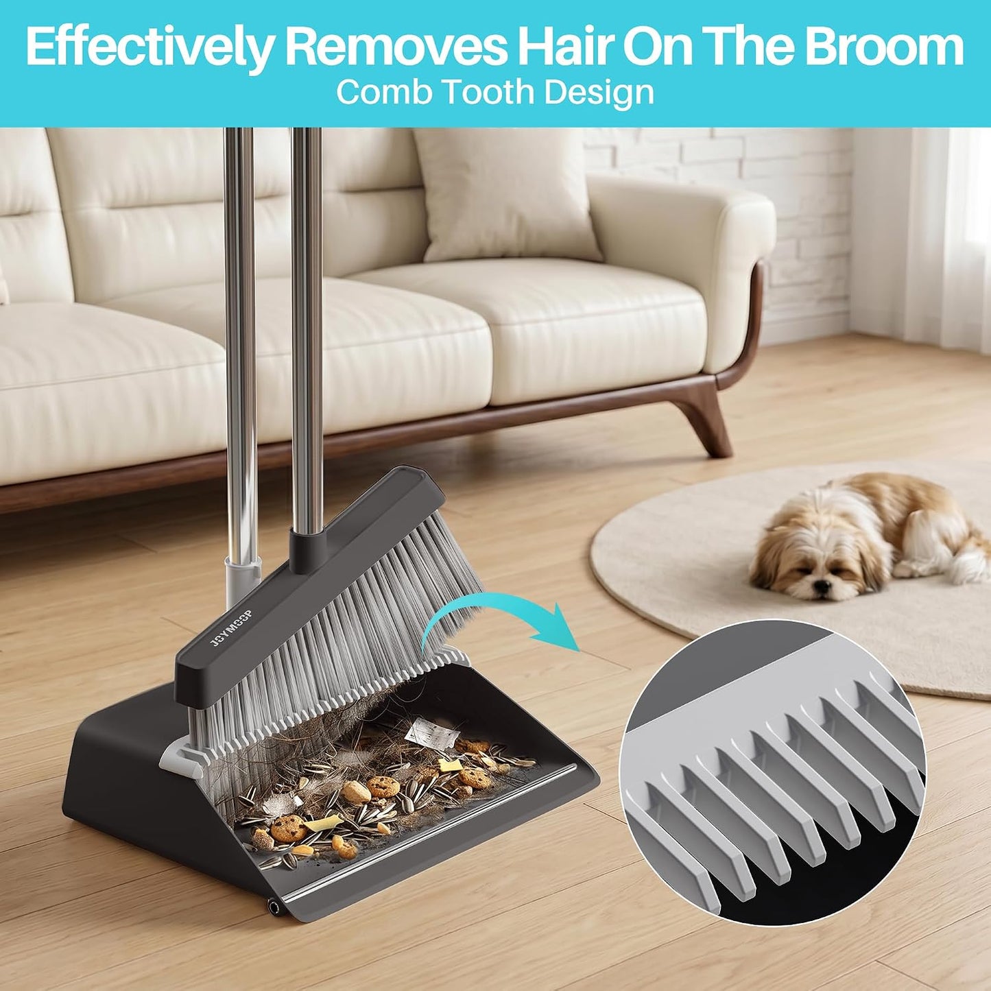 JOYMOOP Black Broom and Dustpan Set with Built-in Comb Tooth, Upright Stand Up Design, Foldable Collapsible Dustpan with Angled Broom, Space Saving Cleaning Supplies for Home Kitchen Hardwood Floor