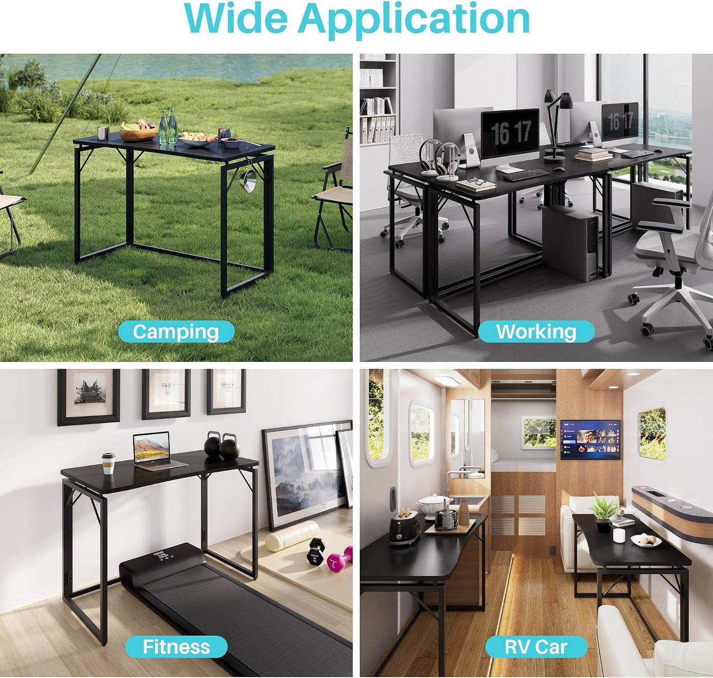 JOYMOOP Black 40" Folding Desk, No Assembly Small Foldable Desk for Home, Office, Wooden Top Folding Computer Desk for Working, Writing, Studying - Middle Size