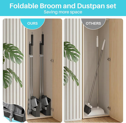 JOYMOOP Black Broom and Dustpan Set with Built-in Comb Tooth, Upright Stand Up Design, Foldable Collapsible Dustpan with Angled Broom, Space Saving Cleaning Supplies for Home Kitchen Hardwood Floor