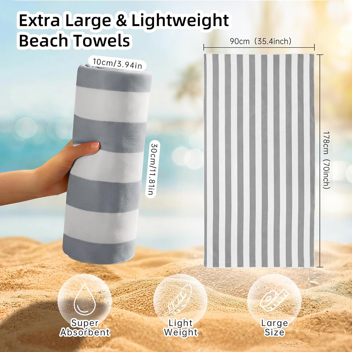 JOYMOOP 3-Pack Microfiber Beach Towel Set – 70" x 35.4" Ultra-Absorbent Beach Towels Oversized, Sand-Free & Portable, Quick-Dry Cabana Stripe Towels with Travel Storage Bags (Grey & White)