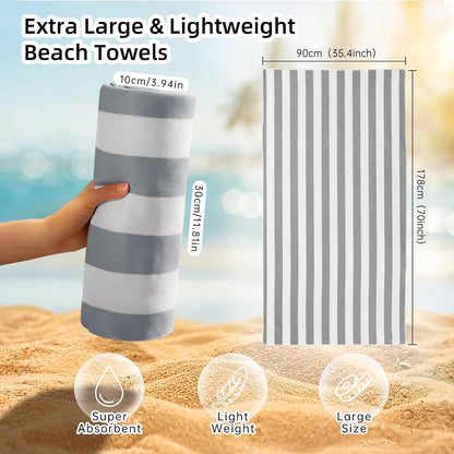 JOYMOOP 3-Pack Microfiber Beach Towel Set – 70" x 35.4" Ultra-Absorbent Beach Towels Oversized, Sand-Free & Portable, Quick-Dry Cabana Stripe Towels with Travel Storage Bags (Grey & White)