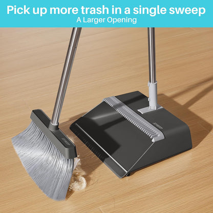 JOYMOOP Black Broom and Dustpan Set with Built-in Comb Tooth, Upright Stand Up Design, Foldable Collapsible Dustpan with Angled Broom, Space Saving Cleaning Supplies for Home Kitchen Hardwood Floor