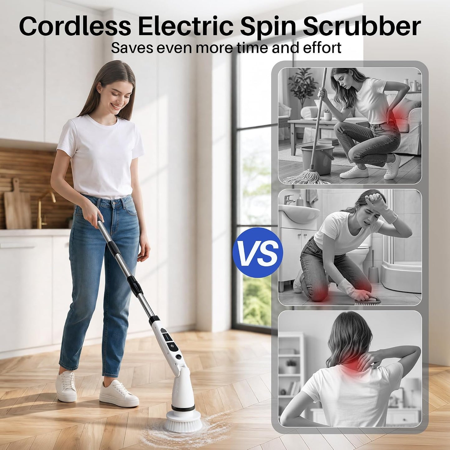 JOYMOOP Electric Spin Scrubber, Cordless Cleaning Brush 450 RPM with 100-Min Runtime, IPX7 Waterproof Power Scrubber with 8 Brush Heads, Adjustable Long Handle for Bathroom, Floor, Tile, Kitchen