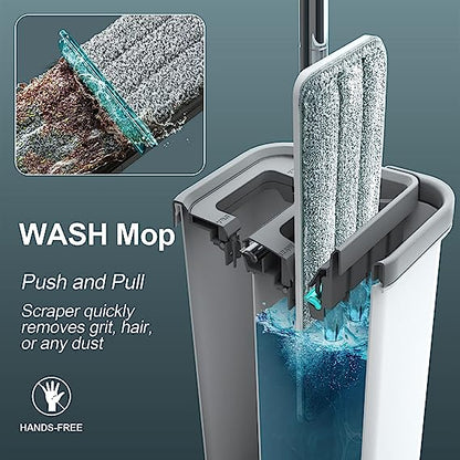 Mop and bucket with Wringer Set, Flat ,for floor cleaning with 3 Microfiber Pads