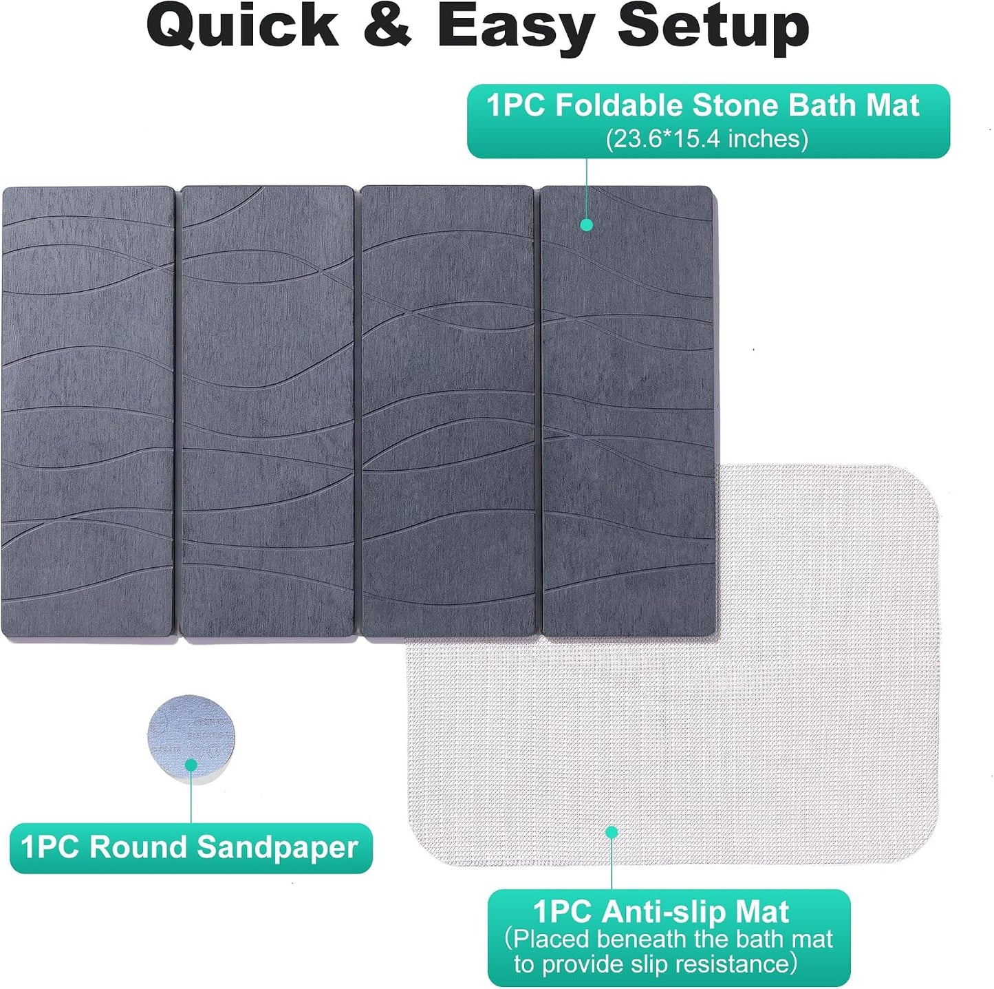 JOYMOOP Foldable Stone Bath Mat, 23.62” x 15.35” Non Slip Bath Mats, Super Absorbent Diatomaceous Earth Mats, Compact and Easy to Store Bath Mats for Bathroom, Dark Grey