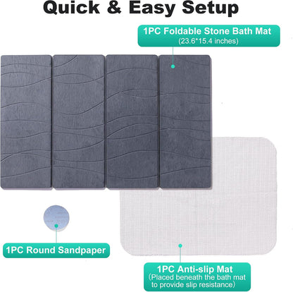 JOYMOOP Foldable Stone Bath Mat, 23.62” x 15.35” Non Slip Bath Mats, Super Absorbent Diatomaceous Earth Mats, Compact and Easy to Store Bath Mats for Bathroom, Dark Grey