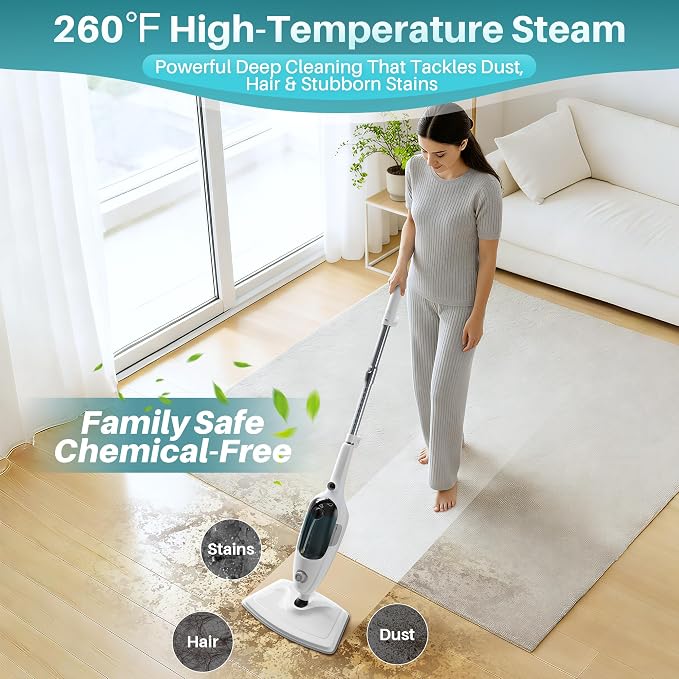 JOYMOOP Steam Mop & Handheld Steam Cleaner with 3 Microfiber Pads, 1100W Electric Steam Cleaner for Home, Fast Heat 20s, Adjustable Steam, Detachable Water Tank, 11 Accessories for Floors, Windows, Clothes