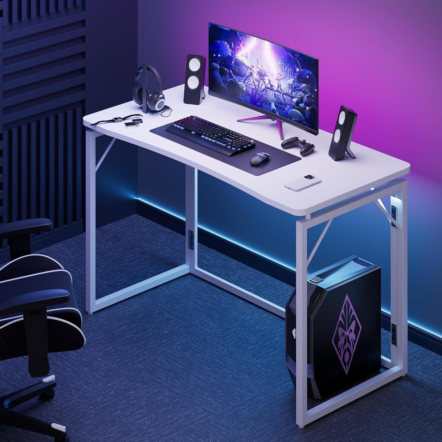 JOYMOOP White Folding Desk - 40", No Assembly Middle Size Foldable Desk for Home, Office, Wooden Top Folding Computer Desk for Working, Writing, Studying