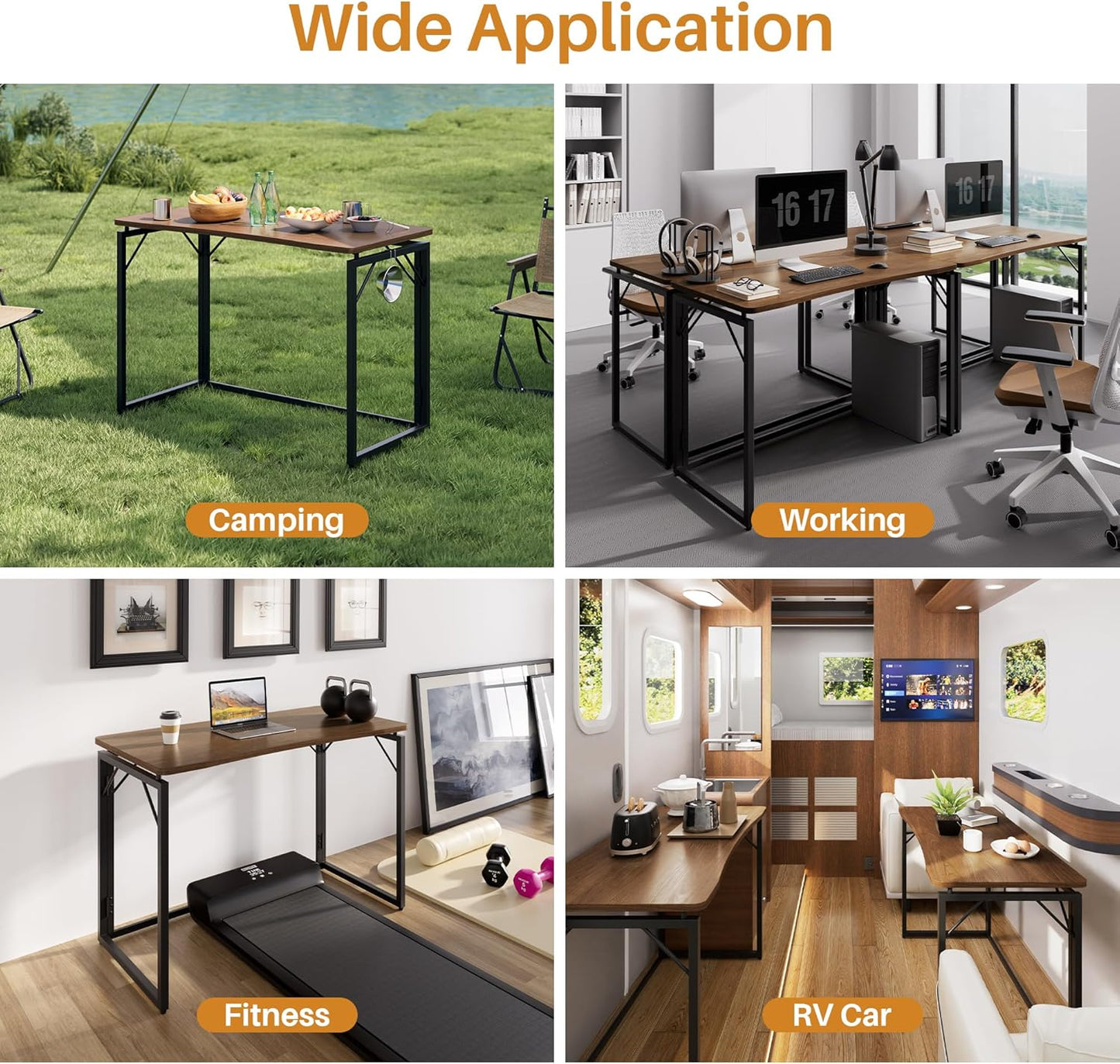 JOYMOOP 47.2" Folding Desk - Brown, No Assembly Large Size Foldable Desk for Home, Office, Wooden Top Folding Computer Desk for Working, Writing, Studying