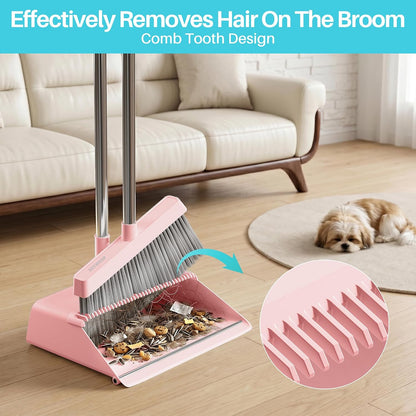 JOYMOOP Pink Broom and Dustpan Set with Built-in Comb Tooth, Upright Stand Up Design, Foldable Collapsible Dustpan with Angled Broom, Space Saving Cleaning Supplies for Home Kitchen Hardwood Floor
