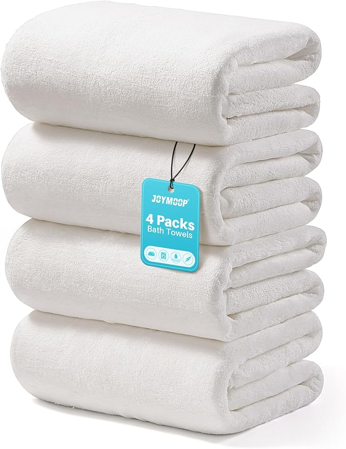 JOYMOOP Bath Towels 4 Packs Extra Large 60" x 30", Quicker to Dry Mcirofiber Towels for Bathroom, Larger & Lighter Weight, Super Soft and Absorbent, Bathroom Towels, White