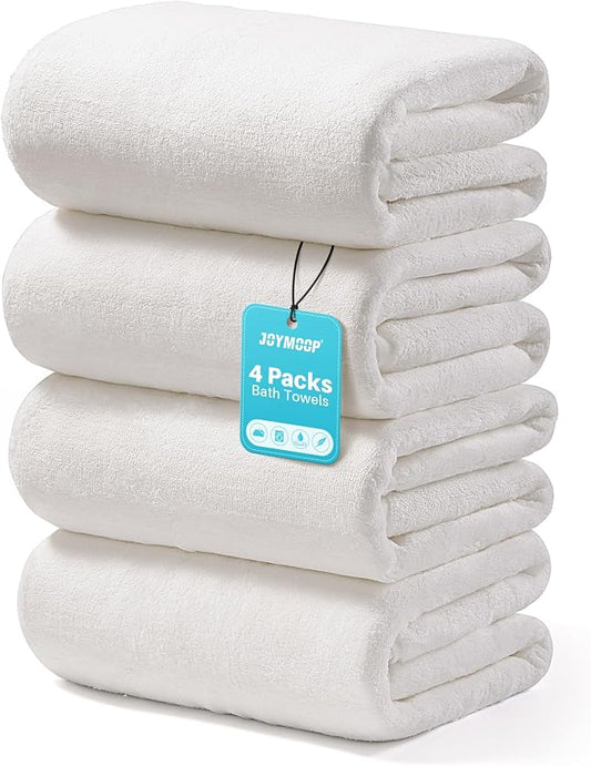 JOYMOOP Bath Towels 4 Packs Extra Large 60" x 30", Quicker to Dry Mcirofiber Towels for Bathroom, Larger & Lighter Weight, Super Soft and Absorbent, Bathroom Towels, White