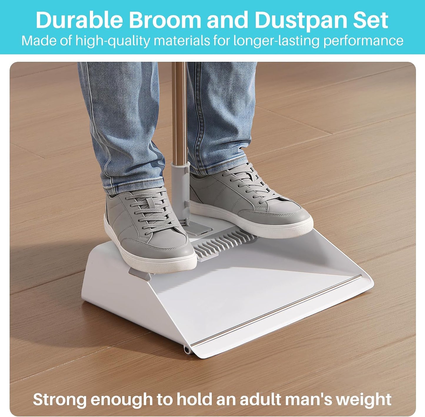 JOYMOOP White Broom and Dustpan Set with Built-in Comb Tooth, Upright Stand Up Design, Foldable Collapsible Dustpan with Angled Broom, Space Saving Cleaning Supplies for Home Kitchen Hardwood Floor