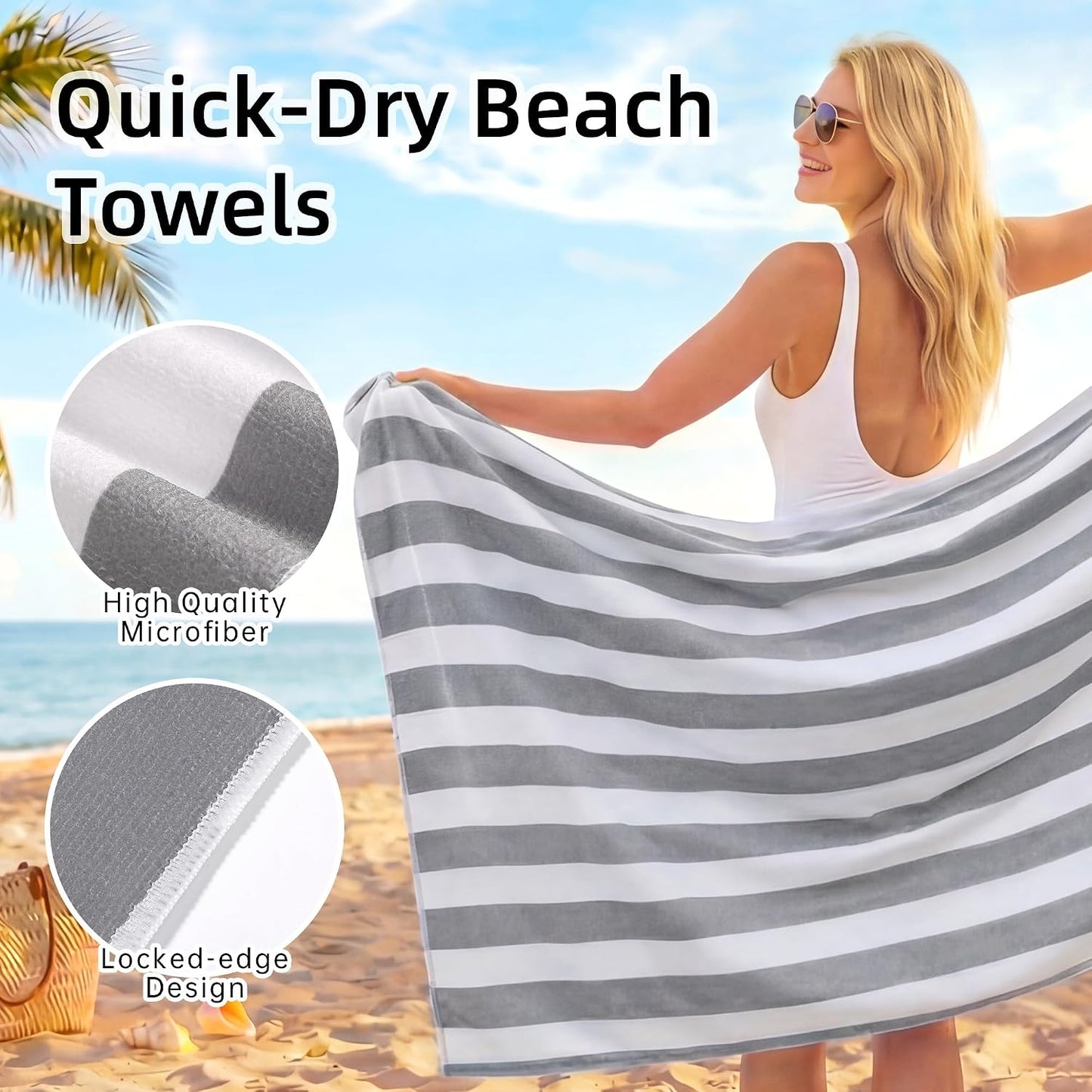JOYMOOP 3-Pack Microfiber Beach Towel Set – 70" x 35.4" Ultra-Absorbent Beach Towels Oversized, Sand-Free & Portable, Quick-Dry Cabana Stripe Towels with Travel Storage Bags (Grey & White)