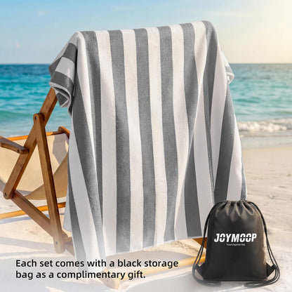 JOYMOOP 3-Pack Microfiber Beach Towel Set – 70" x 35.4" Ultra-Absorbent Beach Towels Oversized, Sand-Free & Portable, Quick-Dry Cabana Stripe Towels with Travel Storage Bags (Grey & White)