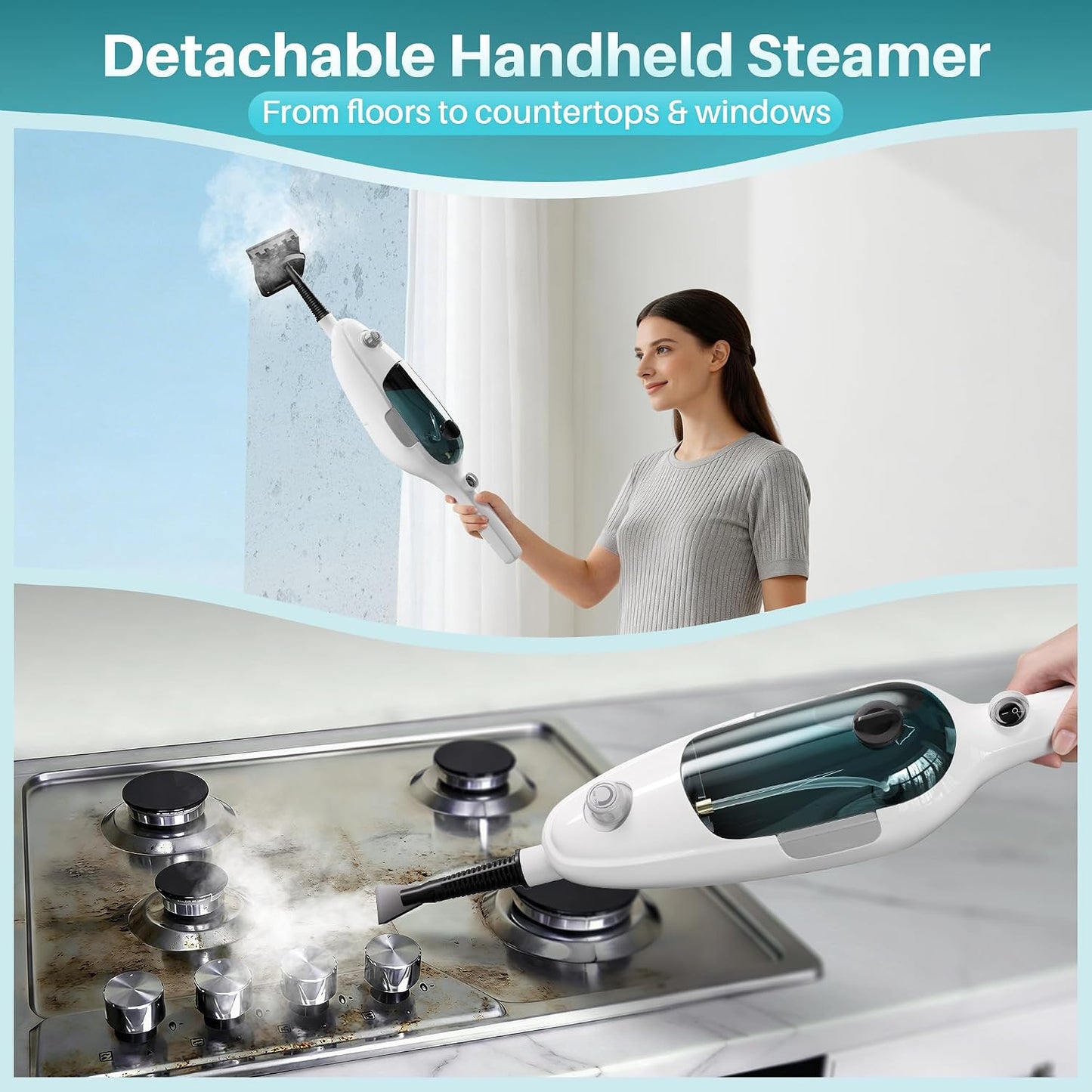 JOYMOOP Steam Mop & Handheld Steam Cleaner with 3 Microfiber Pads, 1100W Electric Steam Cleaner for Home, Fast Heat 20s, Adjustable Steam, Detachable Water Tank, 11 Accessories for Floors, Windows, Clothes