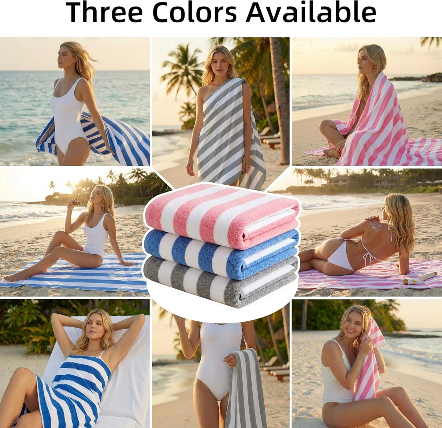 JOYMOOP Large Beach Towel with Storage Bag-3 PCS, 70” x 35.4” Highly Absorbent Cabana Stripe Beach Towel, Quick Dry Beach Towel, Sand Free & Lightweight Towel Set, Blue & White