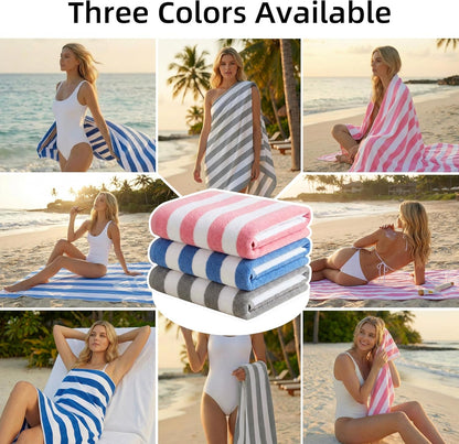 JOYMOOP Large Beach Towel with Storage Bag-3 PCS, 70” x 35.4” Highly Absorbent Cabana Stripe Beach Towel, Quick Dry Beach Towel, Sand Free & Lightweight Towel Set, Blue & White