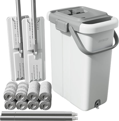 JOYMOOP Mop and Bucket Set for Floor and Wall Cleaning, Commercial and Household Use, Flat Mop System with 60" Dual Mops + 8 Pads