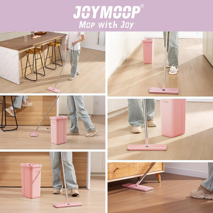 JOYMOOP Pink Mop and Bucket with Wringer Set for Home, with 5 Reusable Microfiber Mop Pads, Hands-Free Self-Cleaning System, Suitable for Floor Cleaning and Wall Cleaner