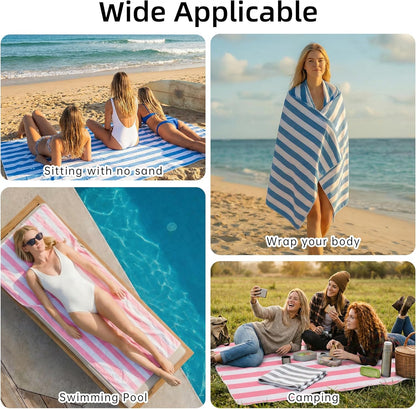 JOYMOOP Large Beach Towel with Storage Bag-3 PCS, 70” x 35.4” Highly Absorbent Cabana Stripe Beach Towel, Quick Dry Beach Towel, Sand Free & Lightweight Towel Set, Blue & White