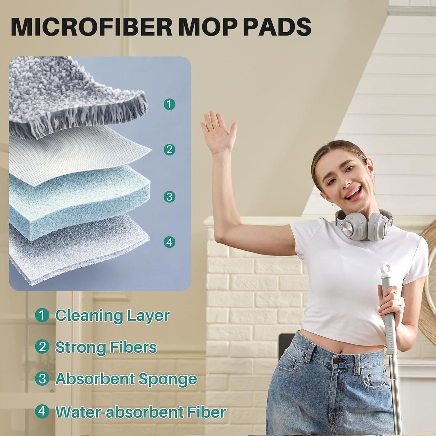 JOYMOOP Flat Mop and Bucket System, Microfiber Mop for Floor Cleaning, White, Suitable for Hardwood, Tile, Laminate and Vinyl Floors, 50" Mop with 1 Microfiber Pad