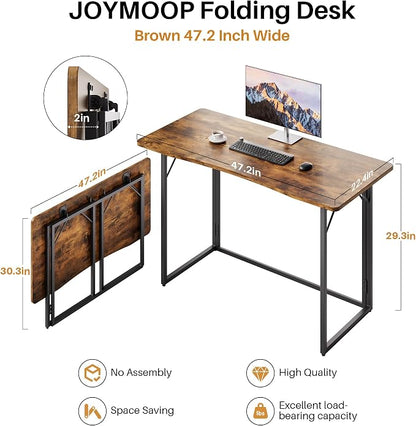 JOYMOOP Folding Desk Rustic Brown - 47.2", No Assembly Foldable Desk for Home, Office - Large Size, Wooden Top Folding Computer Desk for Working, Writing, Studying