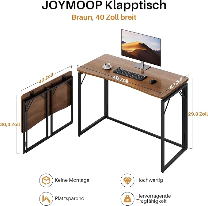 JOYMOOP 40" Folding Desk - Brown, No Assembly Middle Size Foldable Desk for Home, Office, Wooden Top Folding Computer Desk for Working, Writing, Studying