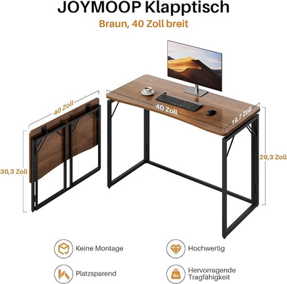 JOYMOOP 40" Folding Desk - Brown, No Assembly Middle Size Foldable Desk for Home, Office, Wooden Top Folding Computer Desk for Working, Writing, Studying
