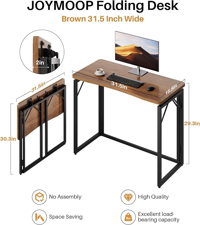JOYMOOP 31.5" Folding Desk - Brown, No Assembly Small Foldable Desk for Home, Office, Wooden Top Folding Computer Desk for Working, Writing, Studying