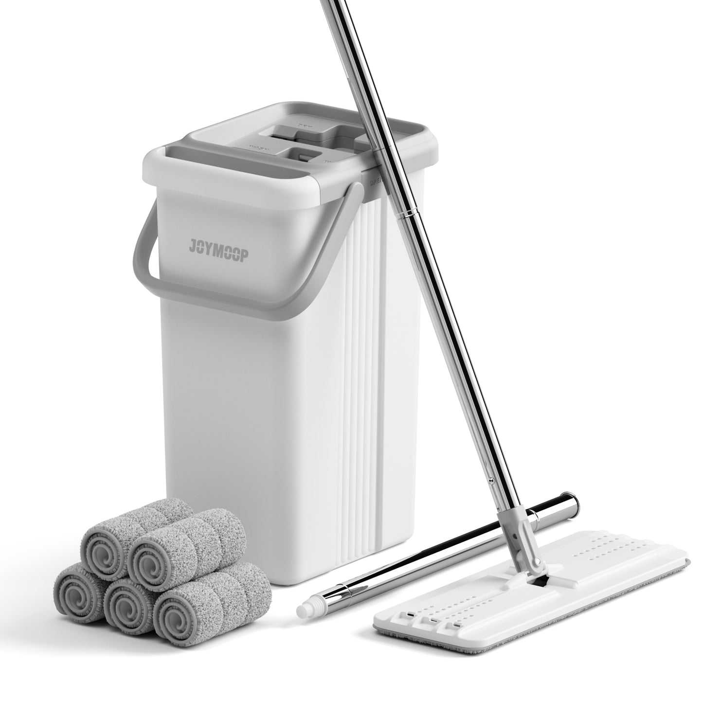 JOYMOOP Mop and Bucket with Wringer Set, White Flat Squeeze Mop Bucket Set for Floor Cleaning, Wet Dry Mops for Walls, Wall Cleaner with Long Handle, Hardwood Floor Mop-5 Microfiber Cloths