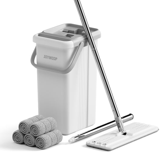 JOYMOOP Mop and Bucket with Wringer Set, White Flat Squeeze Mop Bucket Set for Floor Cleaning, Wet Dry Mops for Walls, Wall Cleaner with Long Handle, Hardwood Floor Mop-5 Microfiber Cloths