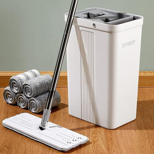JOYMOOP Flat Mop System, Microfiber Mop and Bucket Set, White, Floor Cleaning for Home & Commercial Use, Wet Dry Mop for Hardwood Floors, Long Handle, Includes 5 Washable Pads